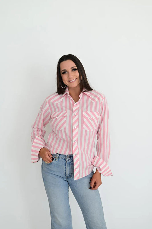 Pink Striped Pearl Snap